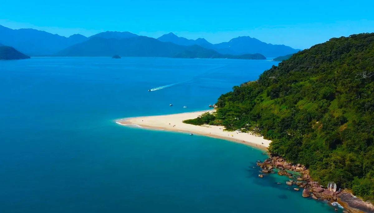 Vista aérea da Ilha do Prumirim em Ubatuba com água verde-esmeralda e Mata Atlântica